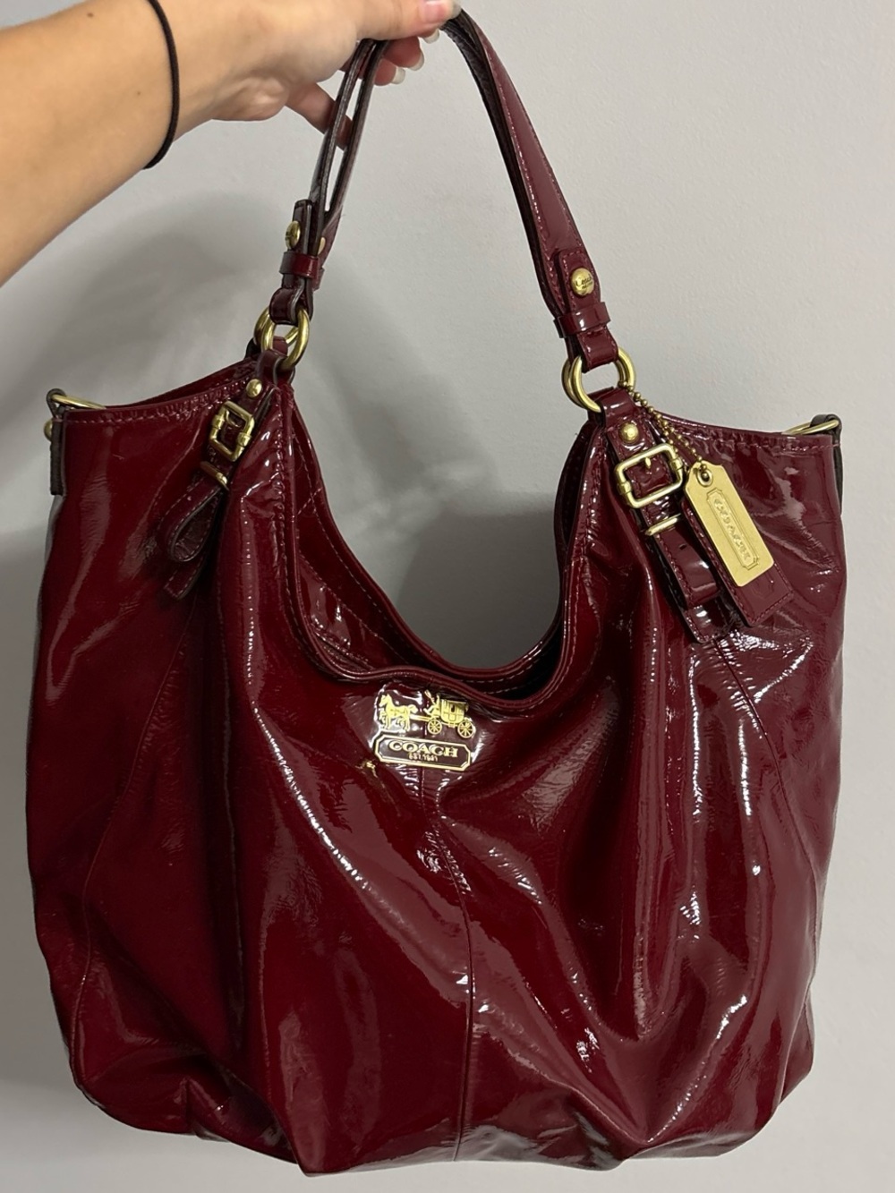 Coach Maddison Maggie Patent Leather Shoulder Bag in Deep Burgundy
